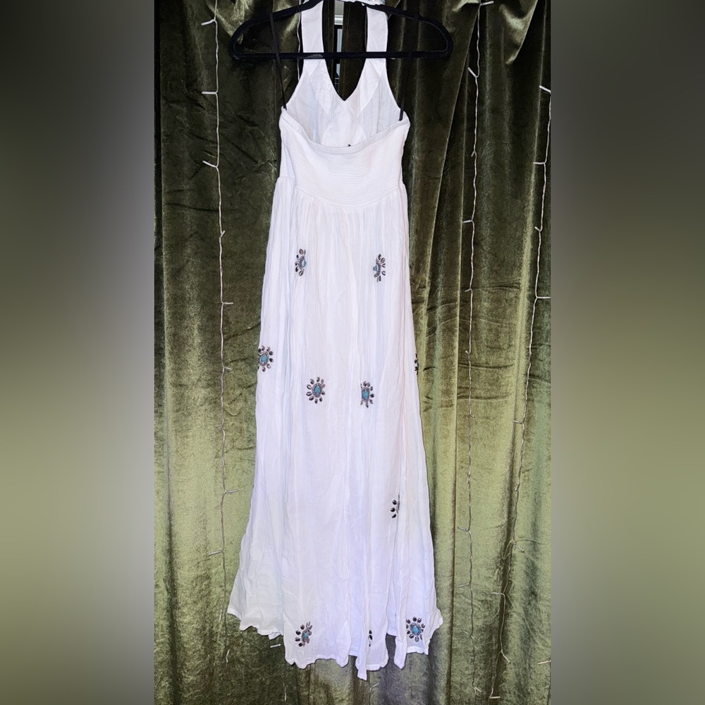 Boston Proper Elegant White Halter Dress with Blue Floral Accents - Maxi Dress - Picture 2 of 6
